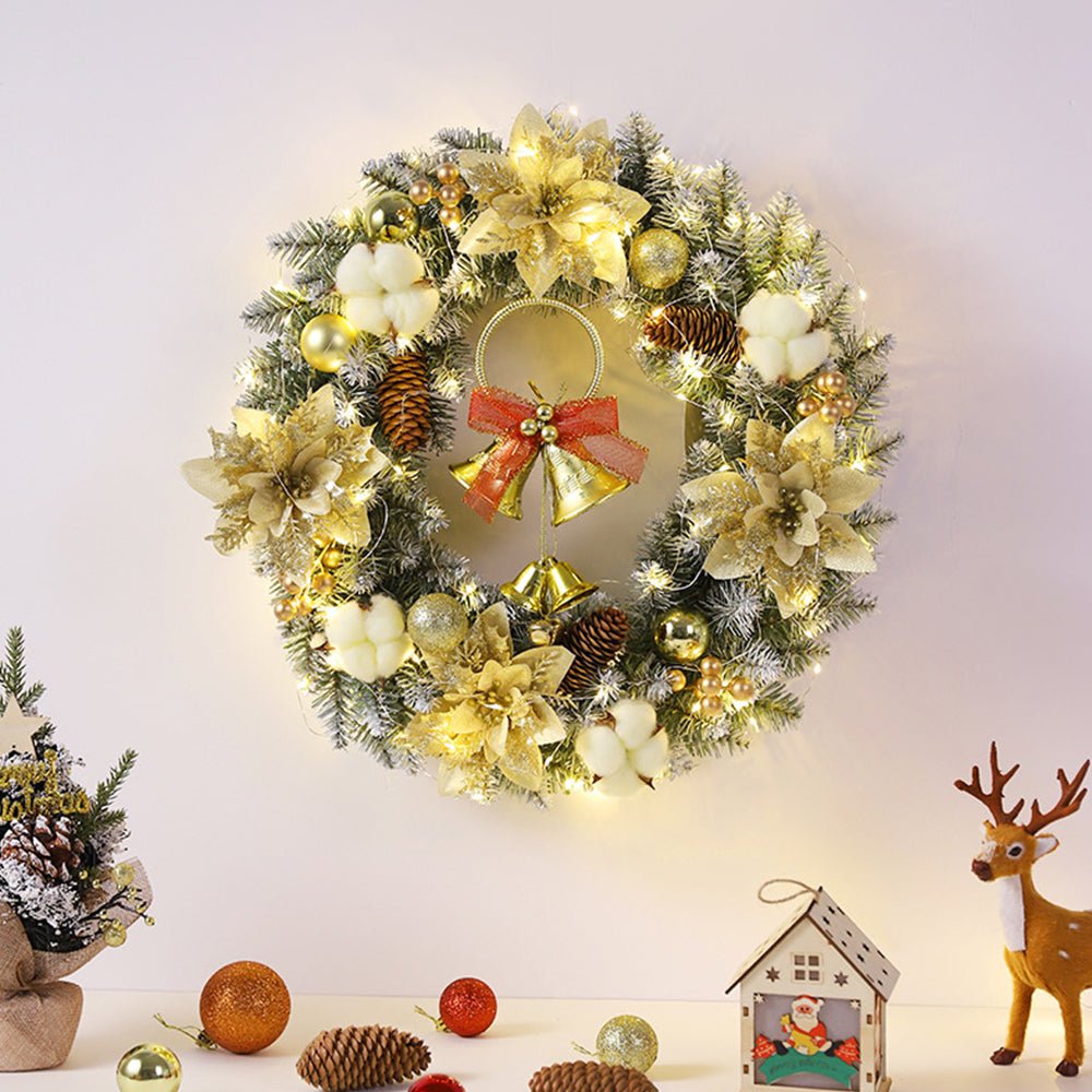 LED Kerstkrans met Gouden Klokken – Warmwitte Verlichting voor de Deur