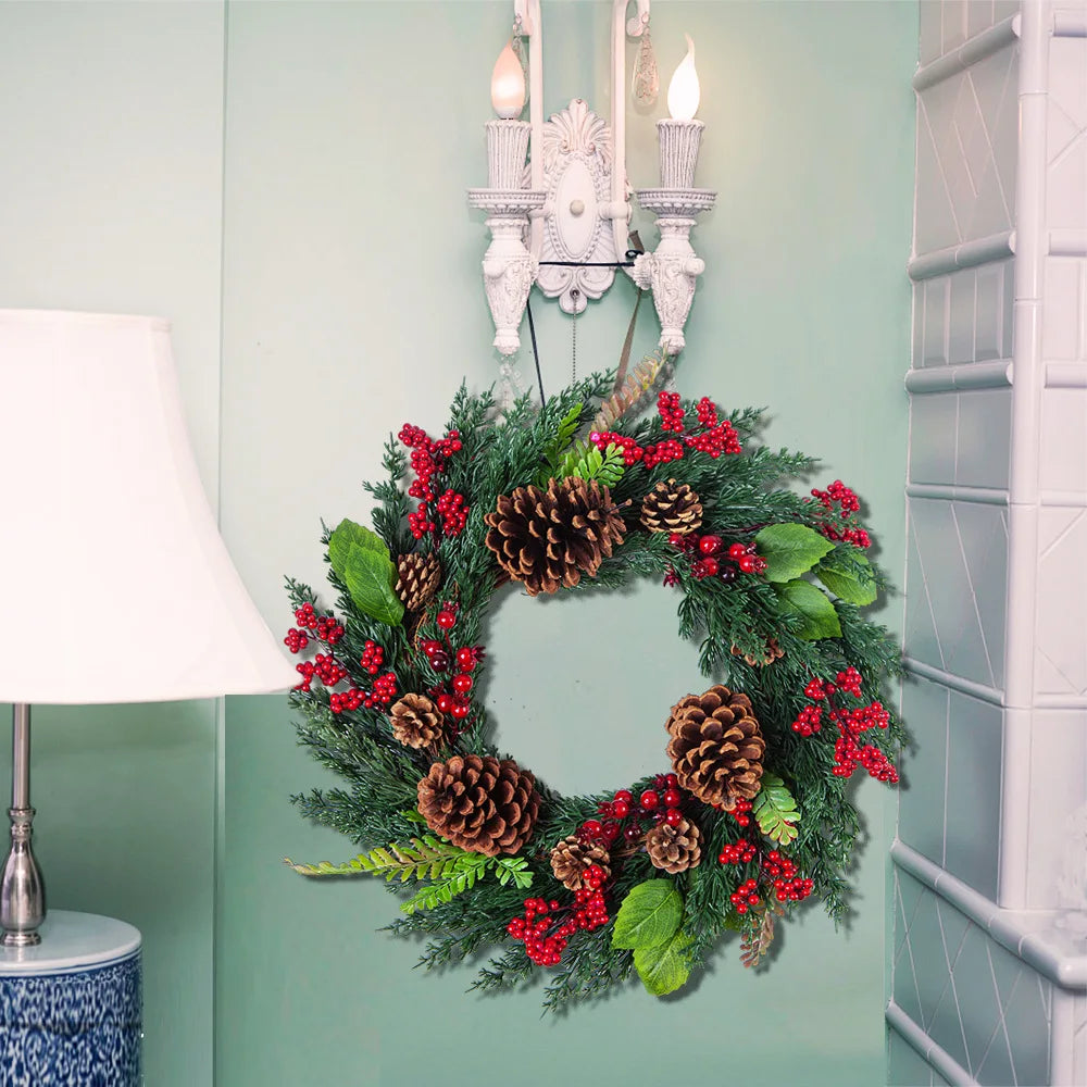 Kerstkrans | Realistische cypressen- & rode-bessen-decoratie | Binnen & Buiten