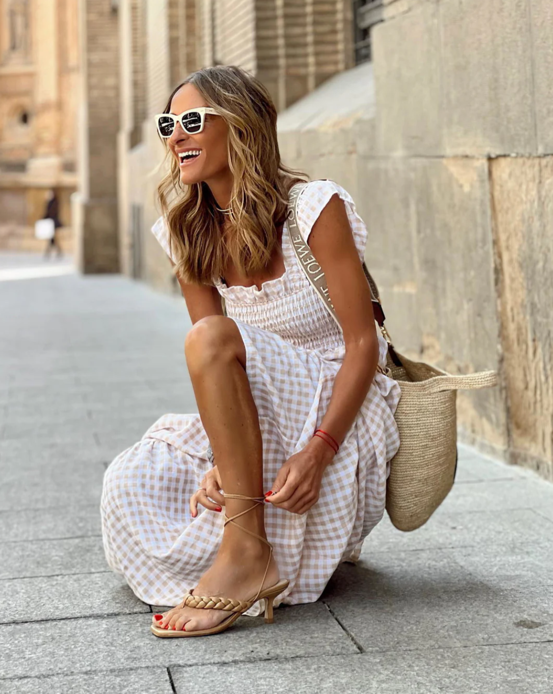 SunnyStyle Gingham-Maxikleed | Casual Zomer Elegantie met Ruches aan de Zoom