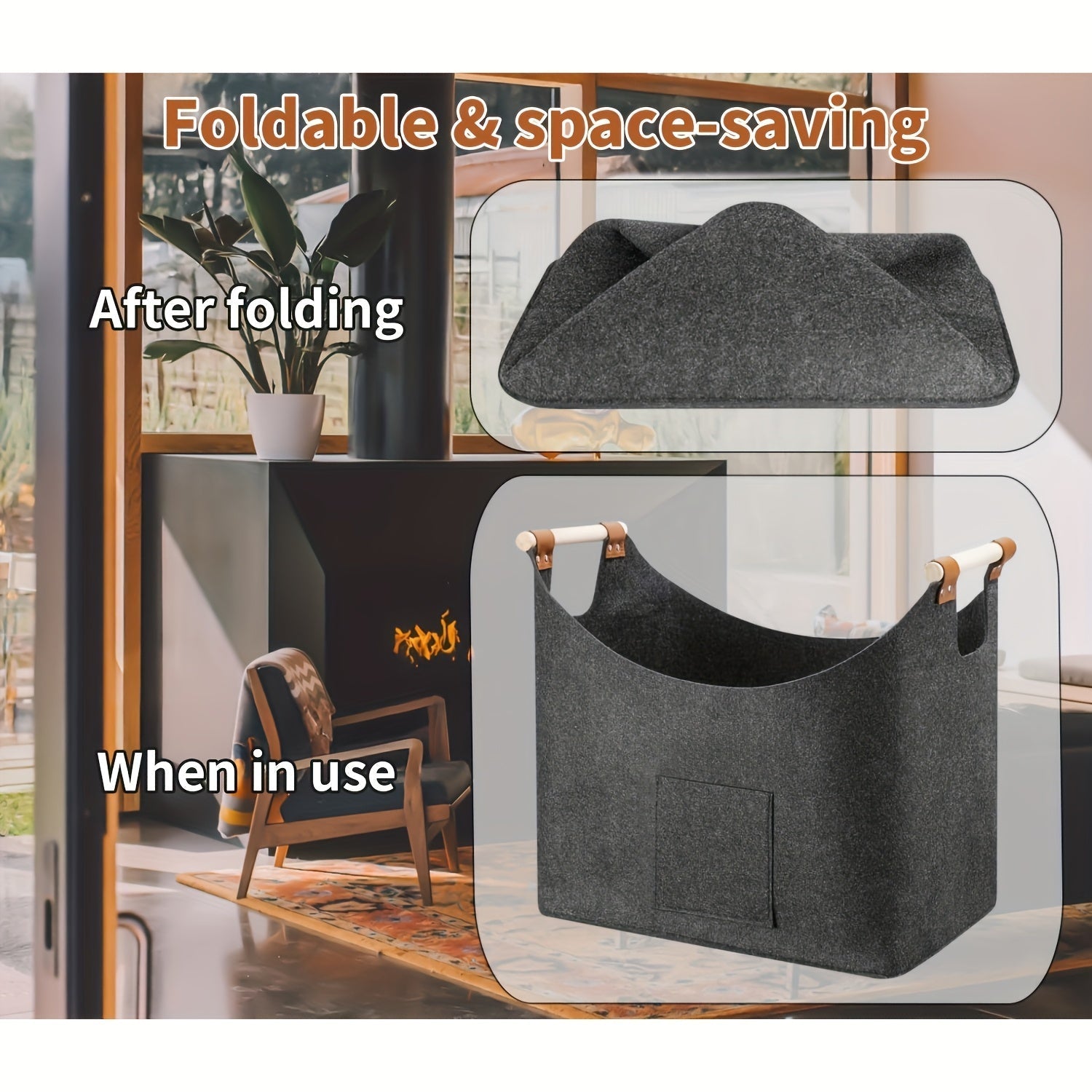 Feldura Opvouwbare Vilten Houtmand 55 liter met Houten Handvatten en Lederen Accenten, Donkergrijs