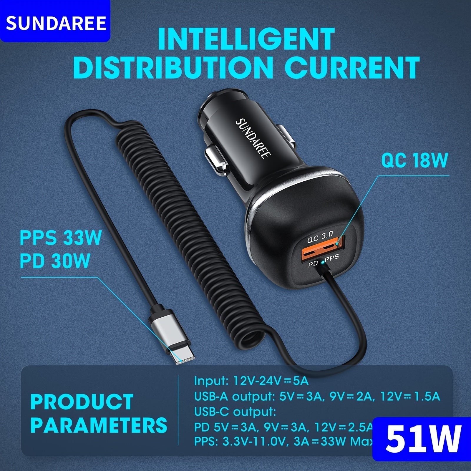 Snelle USB-C Autolader met 51W Vermogen, 3 Poorten en QC 3.0 Technologie voor het Opladen van Meerdere Apparaten