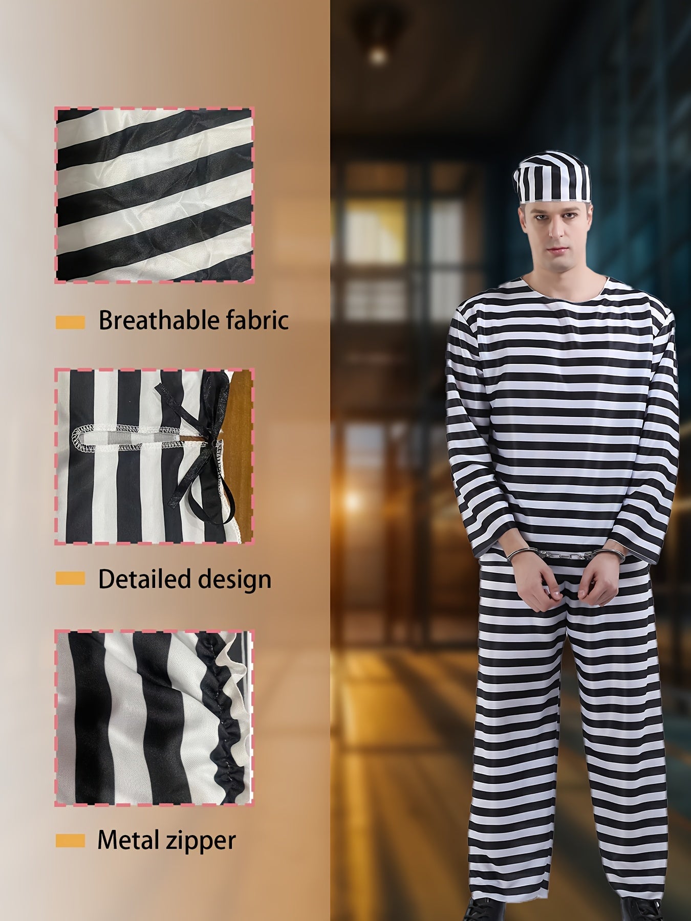 Klassiek Halloween Gevangenis Kostuum Set met Lange Mouwen | Gestreepte Gedetineerde