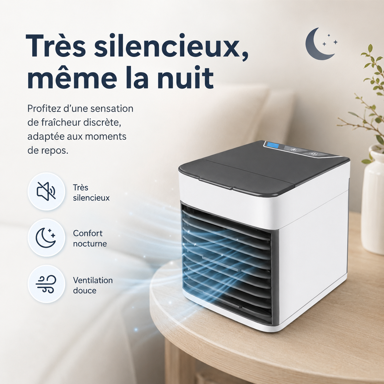 3-in-1 Luchtkoeler met ventilator, luchtbevochtiger en luchtreiniger – Draagbaar, stil en met LED-nachtlampje