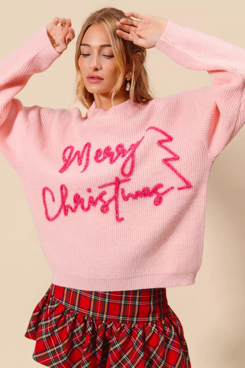 Roze “Frohe Weihnachten” Glitterschrift Pullover