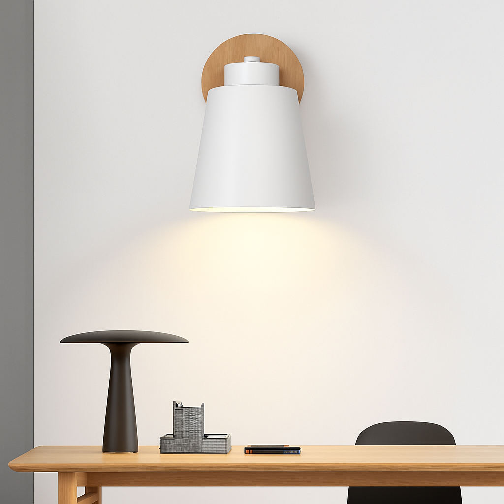 Wandlamp LED met draaibare kap van metaal en houten bevestiging