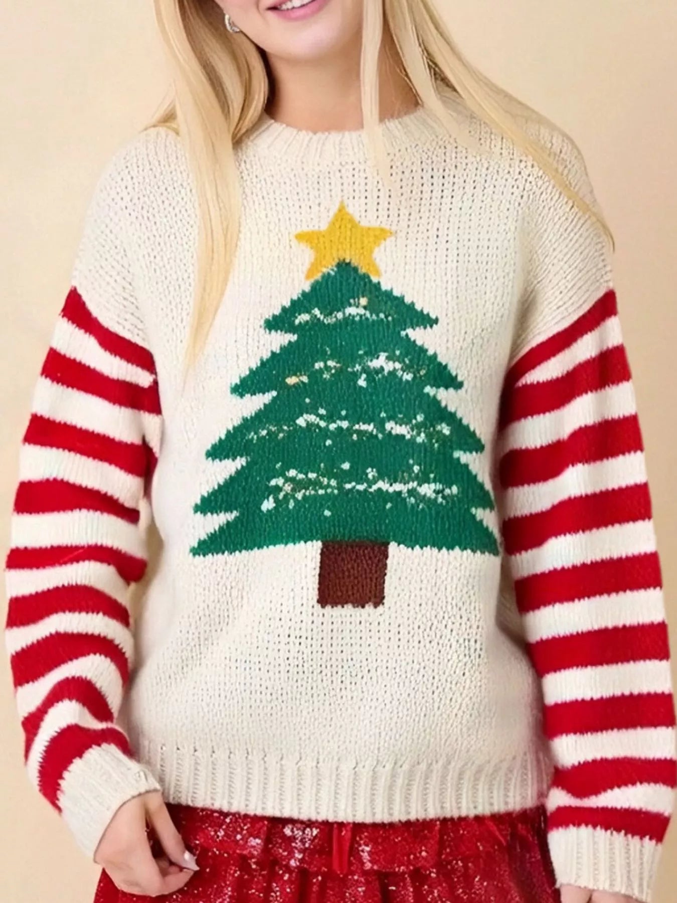 Kerstboom Ronde Hals Trui – Ivoor met Rode Gestreepte Mouwen