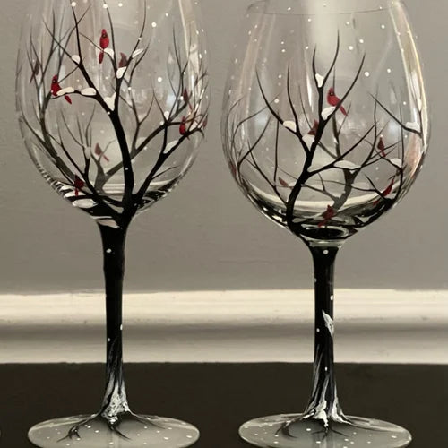 Four Seasons Tree Wijn Glazen - Handgeschilderde Kunst