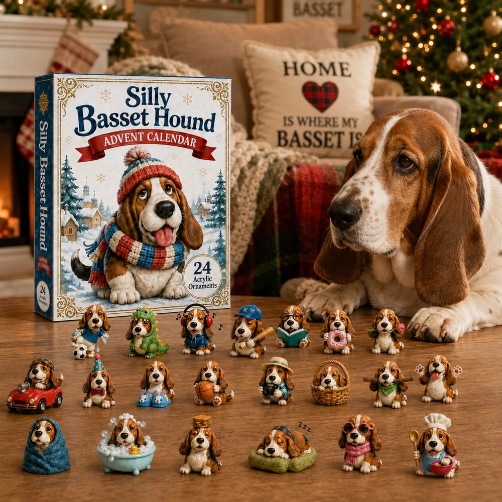 🔥🎁Dwaze Basset Hound Adventskalender 2026 - 24-Daagse Feestelijke Countdown