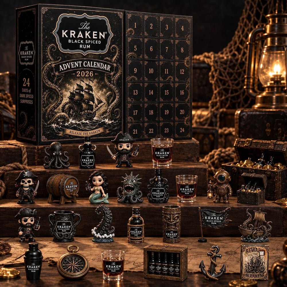 24-Daagse Kraken Rum Mini Fles Advent Kalender Set voor Feestelijke Bar Tafel Display, Verzamelobject voor Rum Liefhebbers, Kerst Countdown & Feestdecoratie