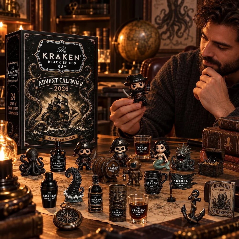 24-Daagse Kraken Rum Mini Fles Advent Kalender Set voor Feestelijke Bar Tafel Display, Verzamelobject voor Rum Liefhebbers, Kerst Countdown & Feestdecoratie