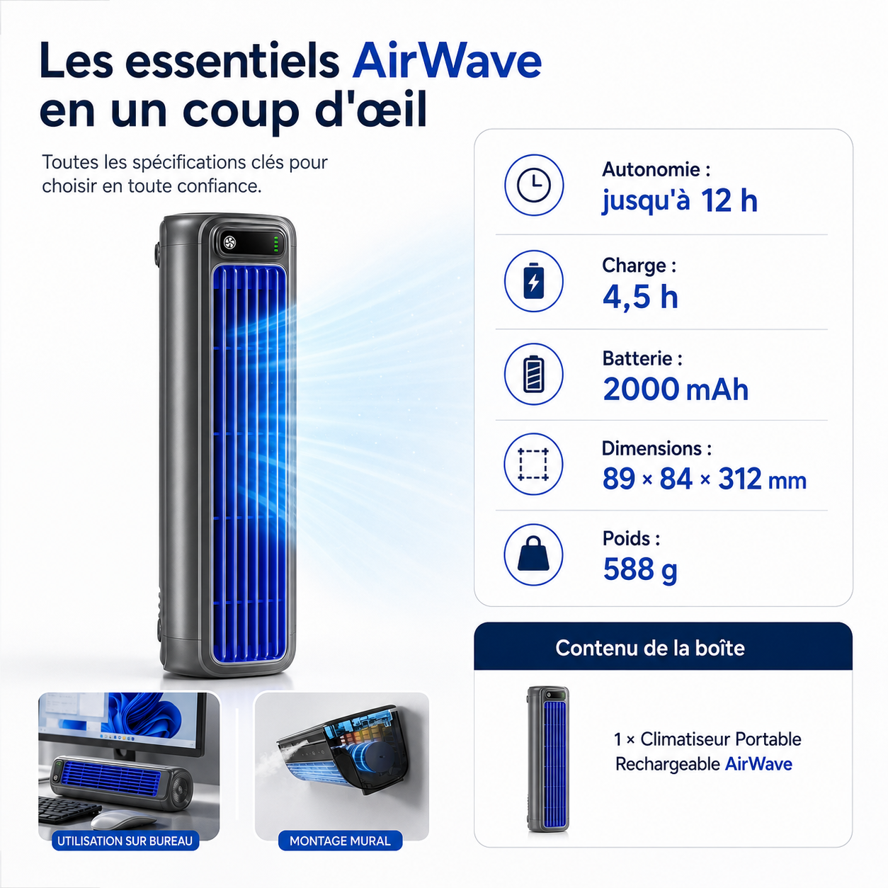 AirWave – Draagbare Oplaadbare Airconditioner met 12 Uur Accuduur