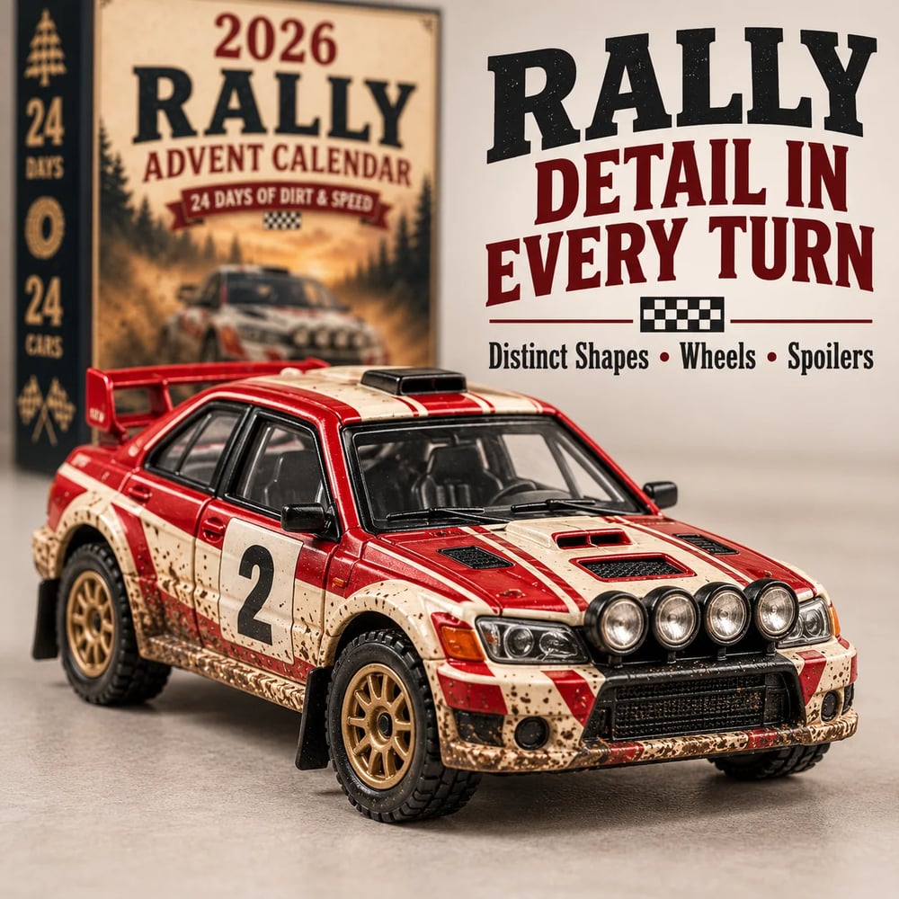 🏎️ Rallye-Kerst-Adventskalender 2026 – 24 dagen vol snelheid en spanning, 24 rally-raceauto's om te verzamelen (2D-modellen)