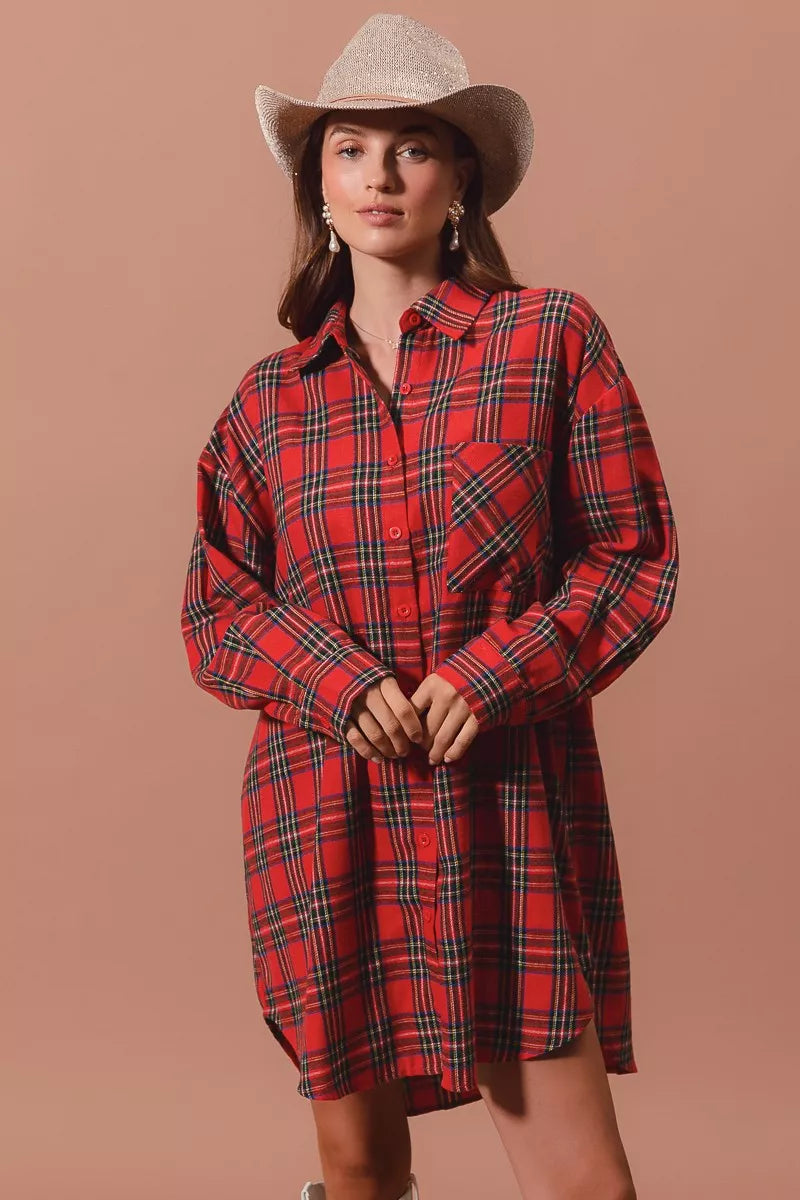 Rode Kerst Ruitpatroon Button-Up Oversized Hemdblusenkleed