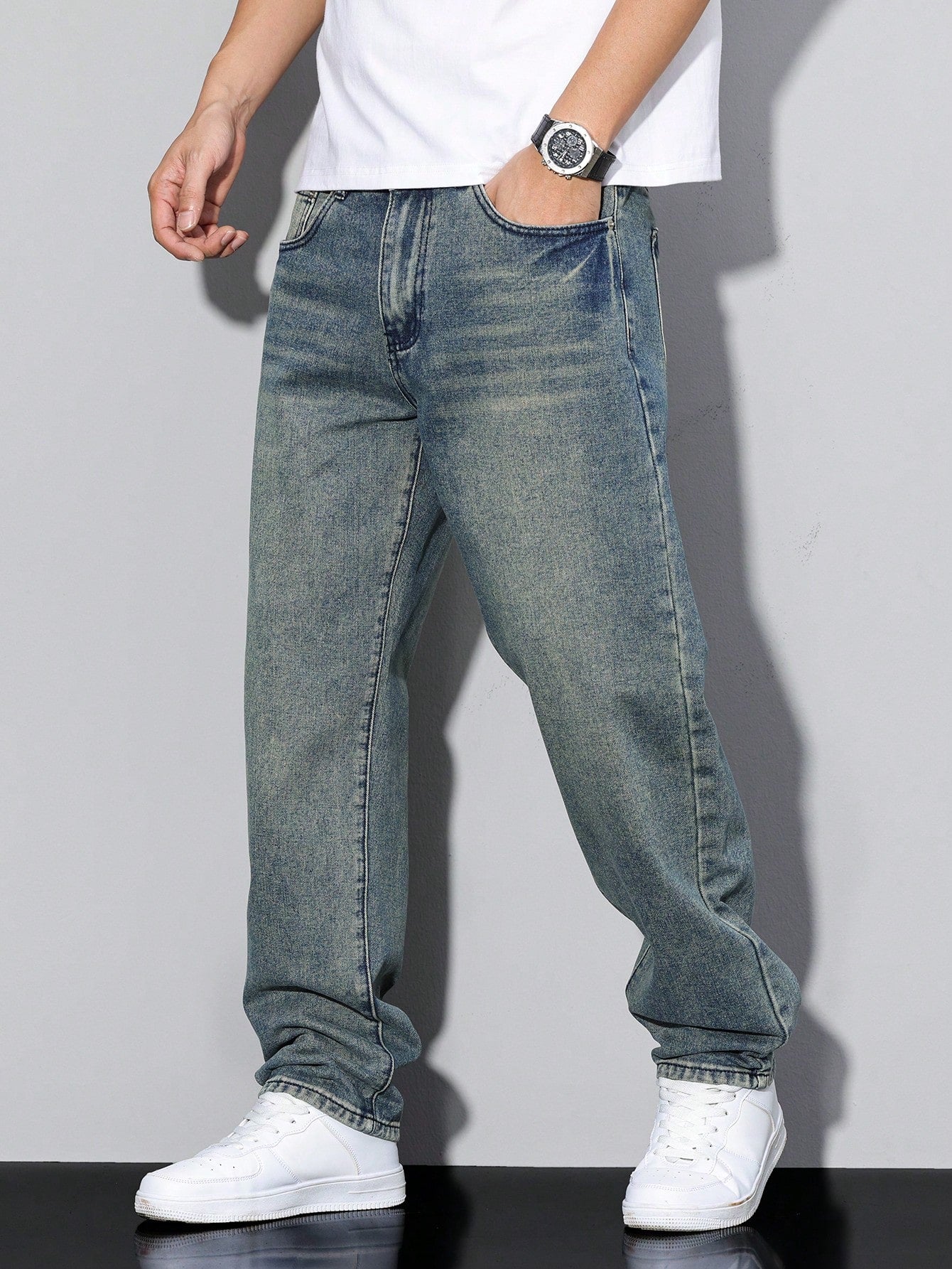Jeans Effen Kleur Casual Heren Losse Pasvorm Comfort