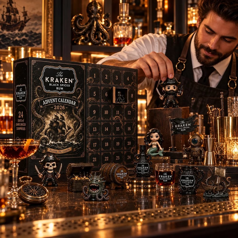 24-Daagse Kraken Rum Mini Fles Advent Kalender Set voor Feestelijke Bar Tafel Display, Verzamelobject voor Rum Liefhebbers, Kerst Countdown & Feestdecoratie
