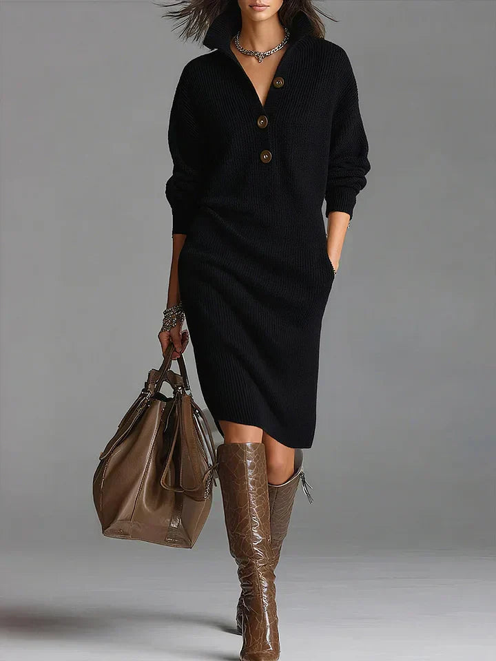 Helene | Dames Midi-jurk met knoopsluiting en ribstructuur
