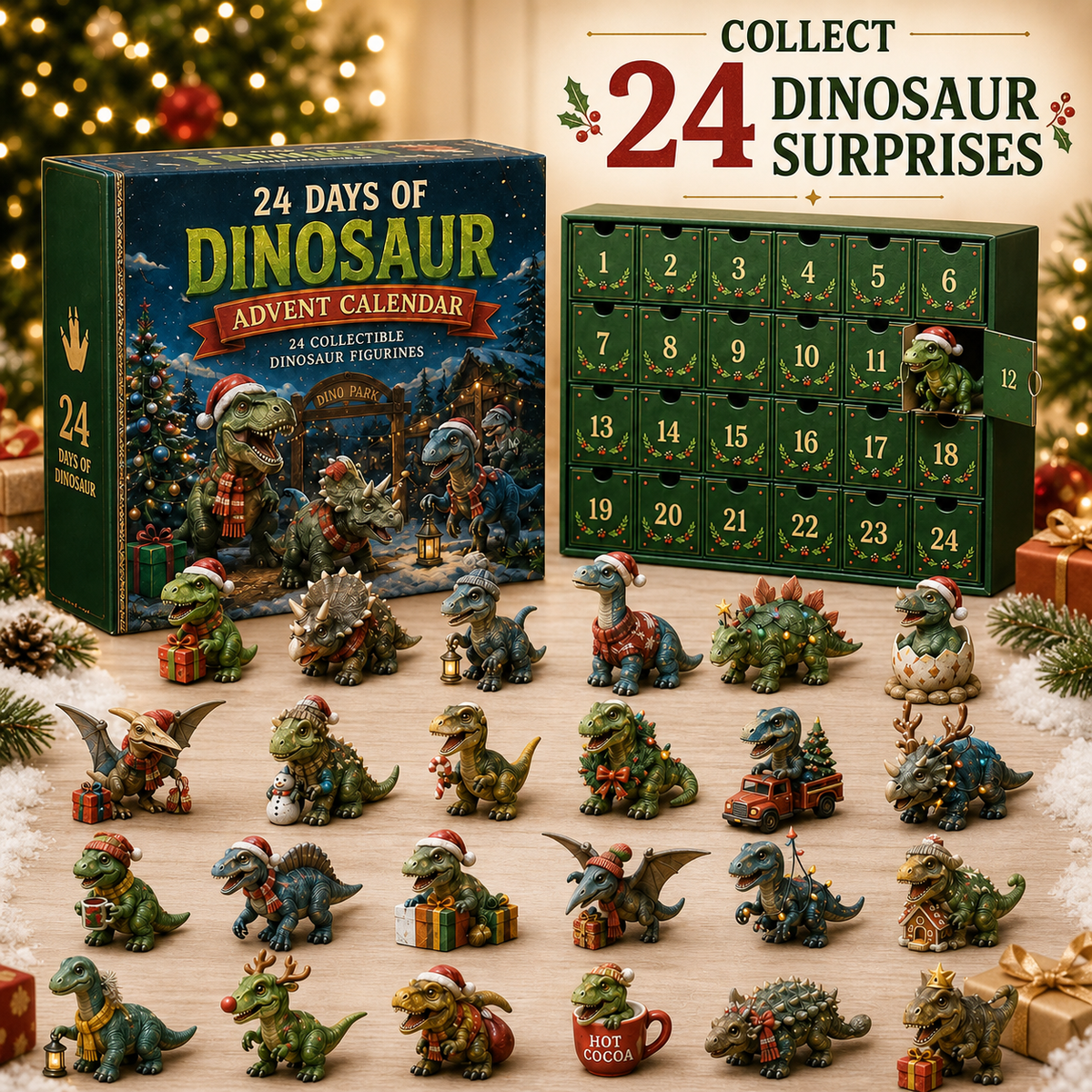 24 Dagen van Dinosaur Kerst Adventskalender – 24 Verzamelfiguren van Dino's & Feestelijke Verrassingen