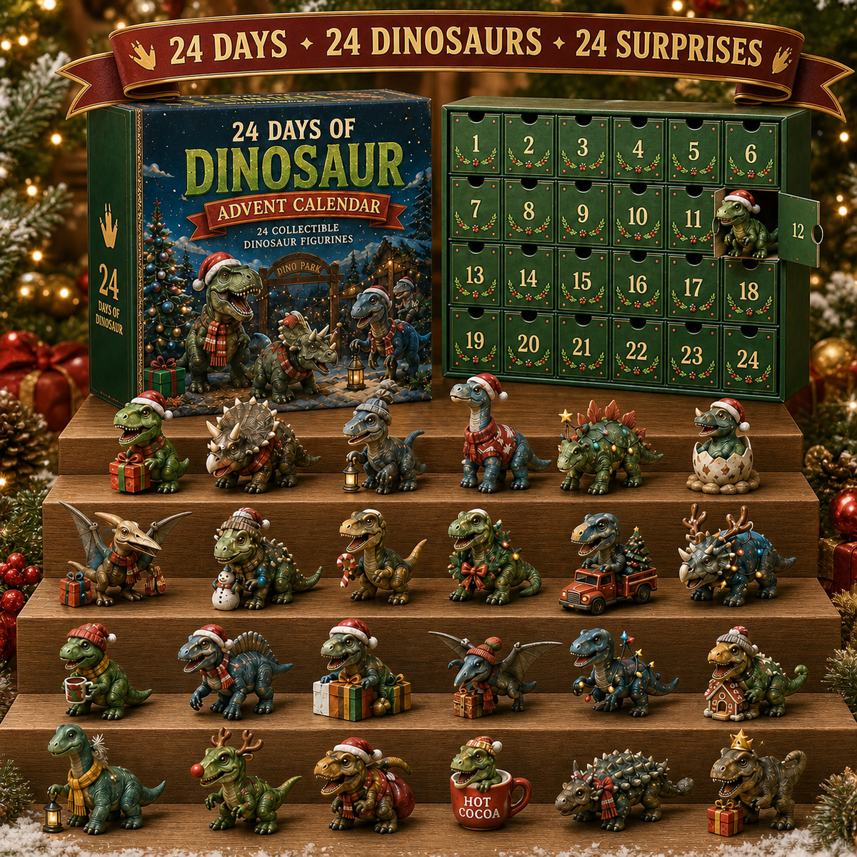 24 Dagen van Dinosaur Kerst Adventskalender – 24 Verzamelfiguren van Dino's & Feestelijke Verrassingen