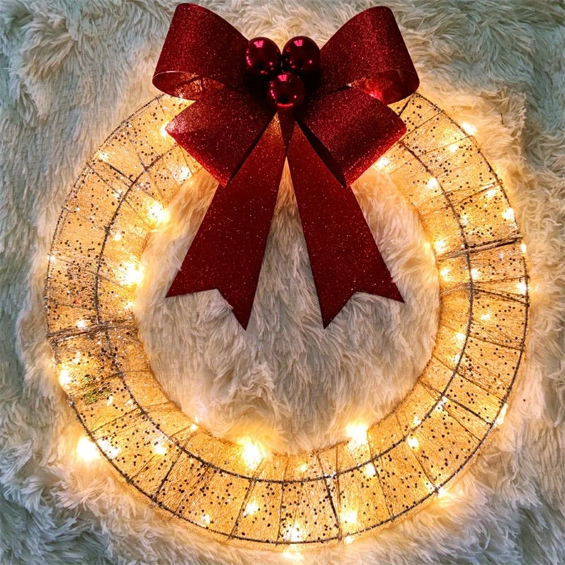 Verlichte Kerstkrans Luxe Goud-Groen 50cm – Handgemaakte Deurkrans met LED