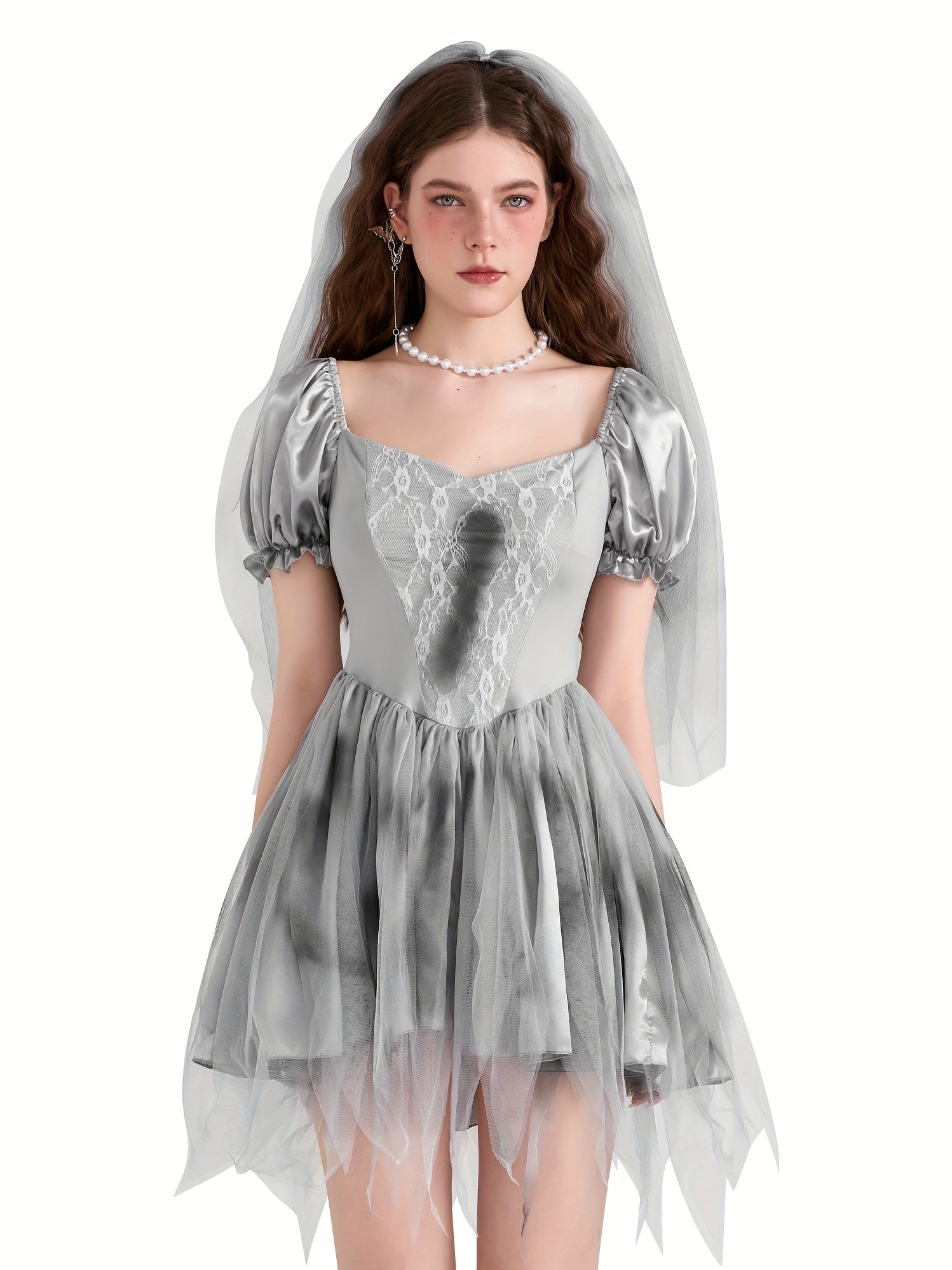 Vrouwen Gothic Puff Sleeve Halloween Lijkbruid Kostuum Jurk | Mini