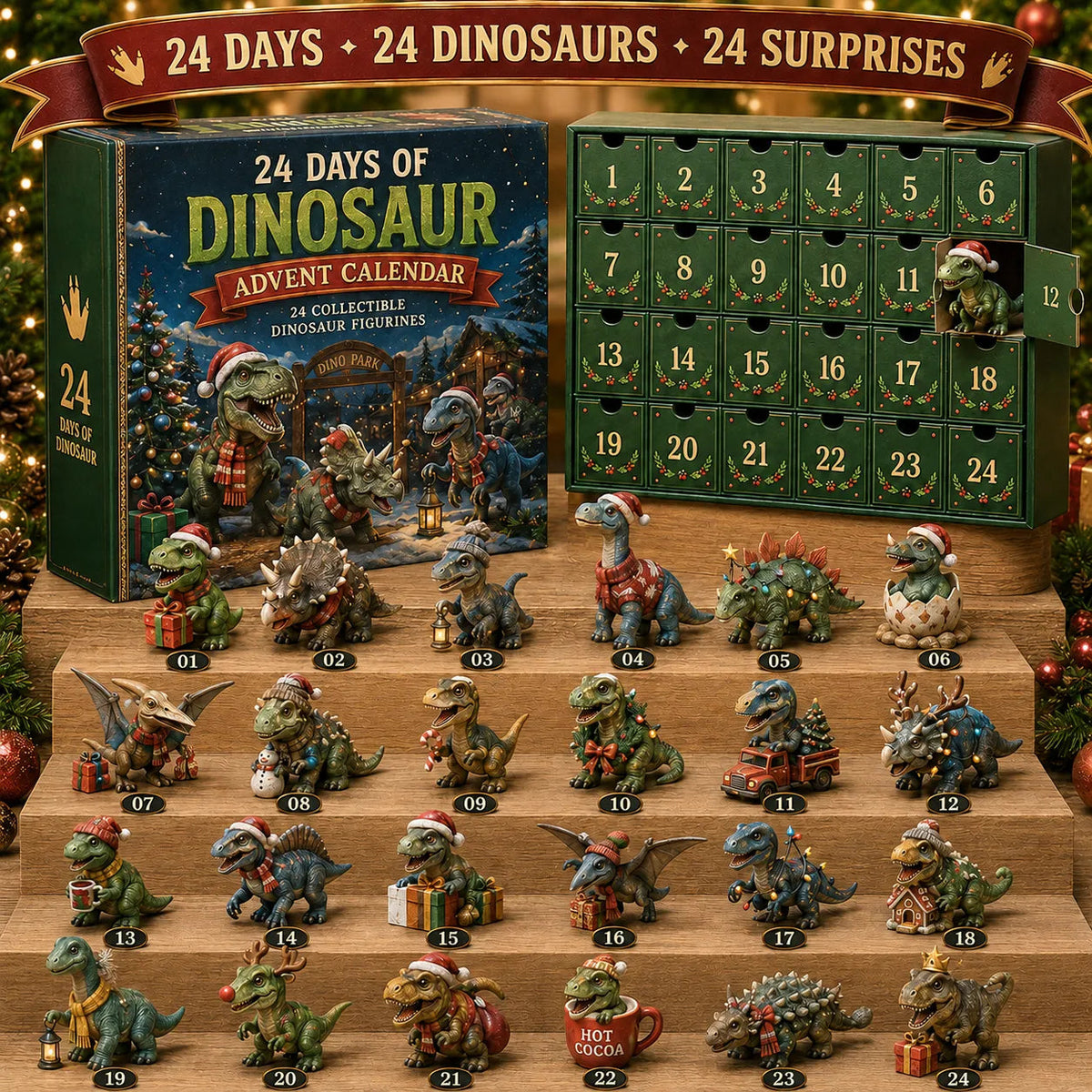 24 Dagen van Dinosaur Kerst Adventskalender – 24 Verzamelfiguren van Dino's & Feestelijke Verrassingen