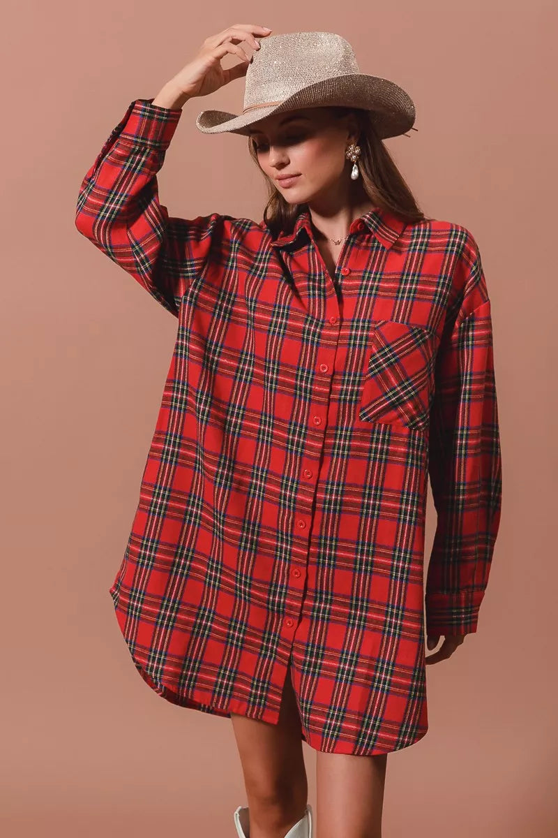 Rode Kerst Ruitpatroon Button-Up Oversized Hemdblusenkleed