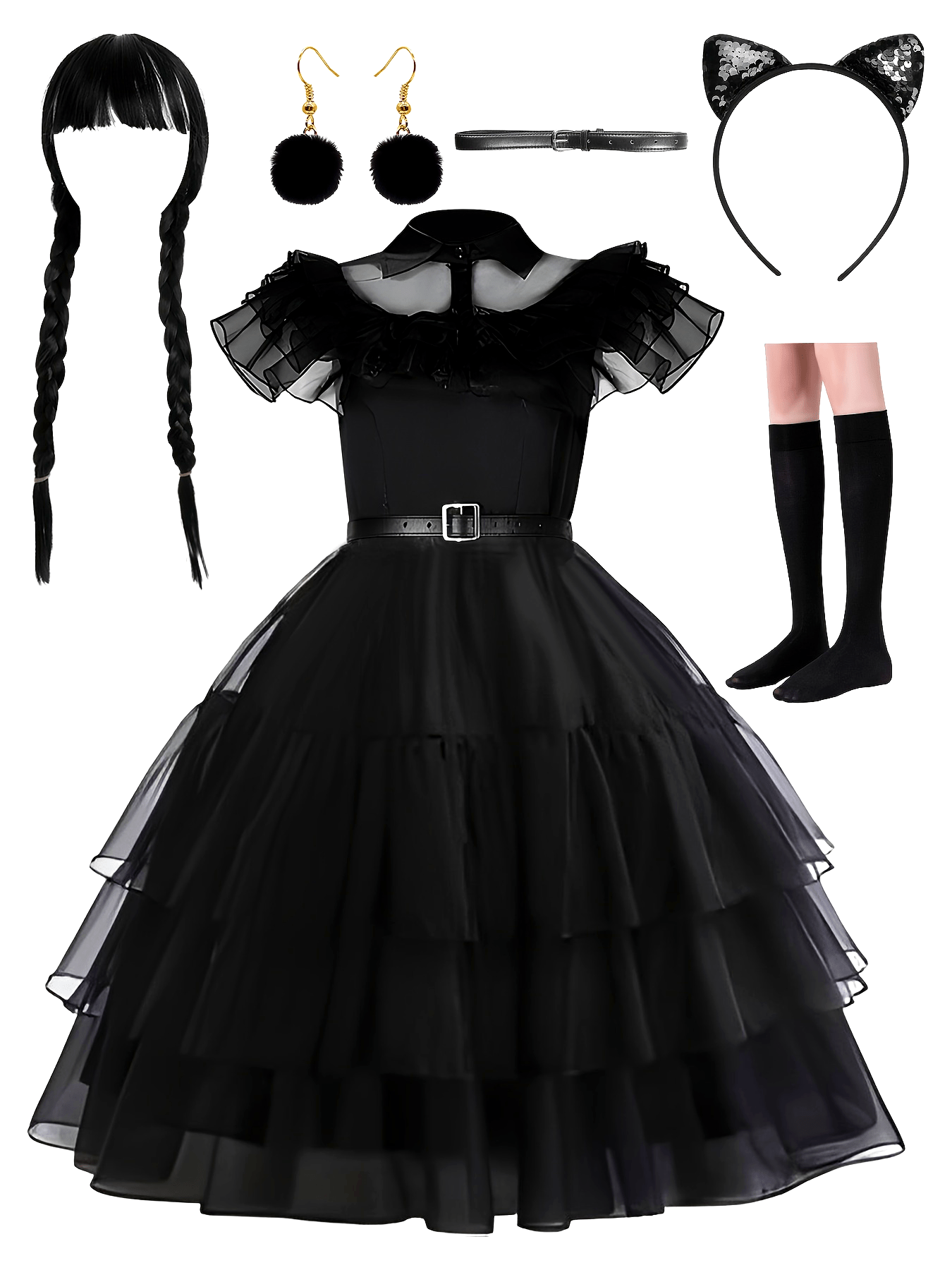 Dames Gothic Gelaagde Halloween Kostuum Jurk Set | Rimpel Midi