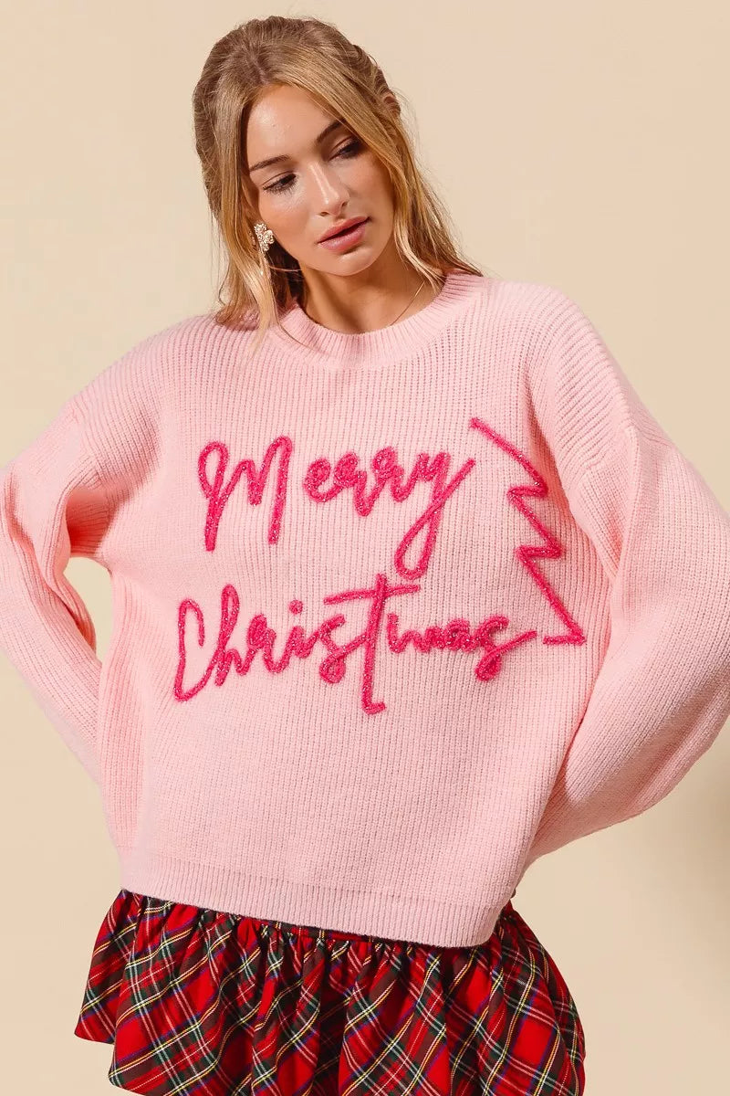 Roze “Frohe Weihnachten” Glitterschrift Pullover