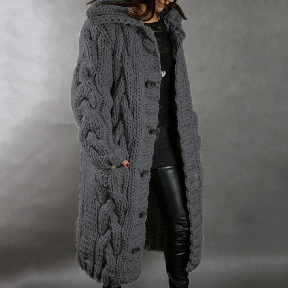 Breiwinterjacke Dames – Warme Jacke met Kapuze en Knopen