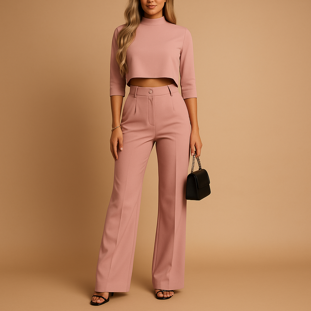 Herfstlicht Tweedelig Dames Set – Cropped Top en Taillierte Broek met Elastische Band