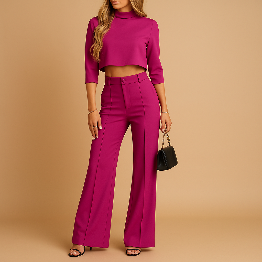 Herfstlicht Tweedelig Dames Set – Cropped Top en Taillierte Broek met Elastische Band