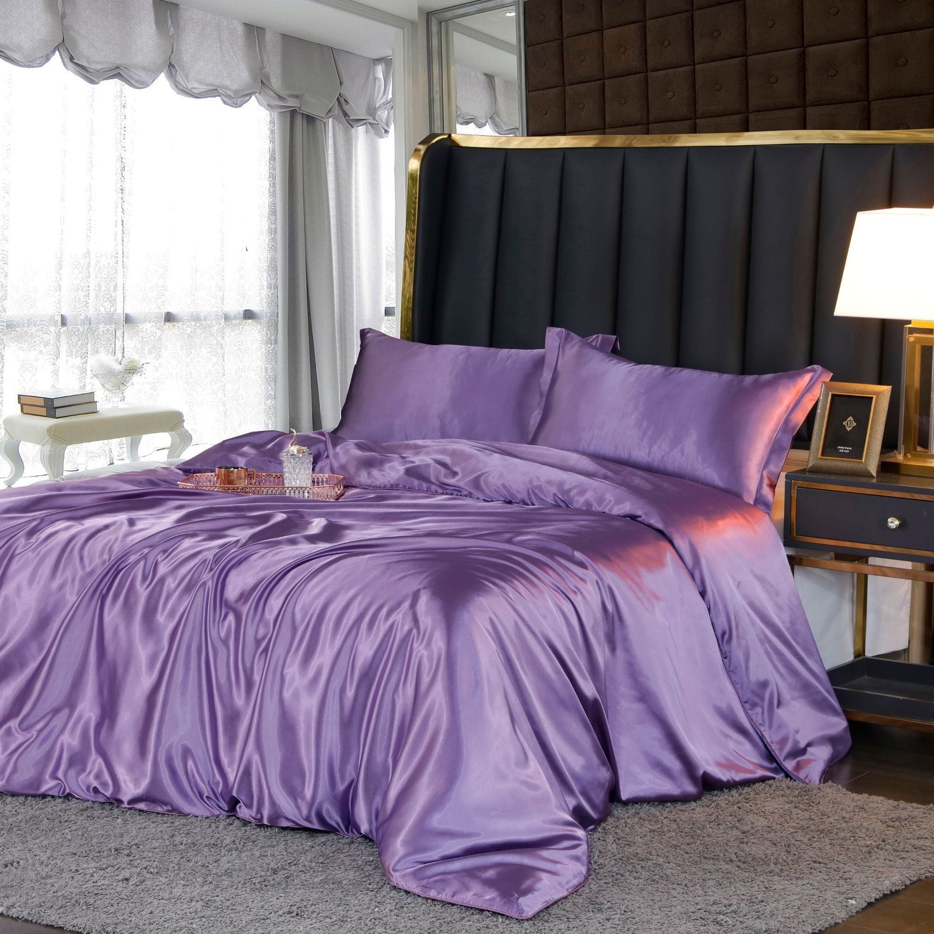 4 stuks superzachte luxe zijden beddengoed set (1 platte lakens + 1 dekbedovertrek + 2 kussenslopen)