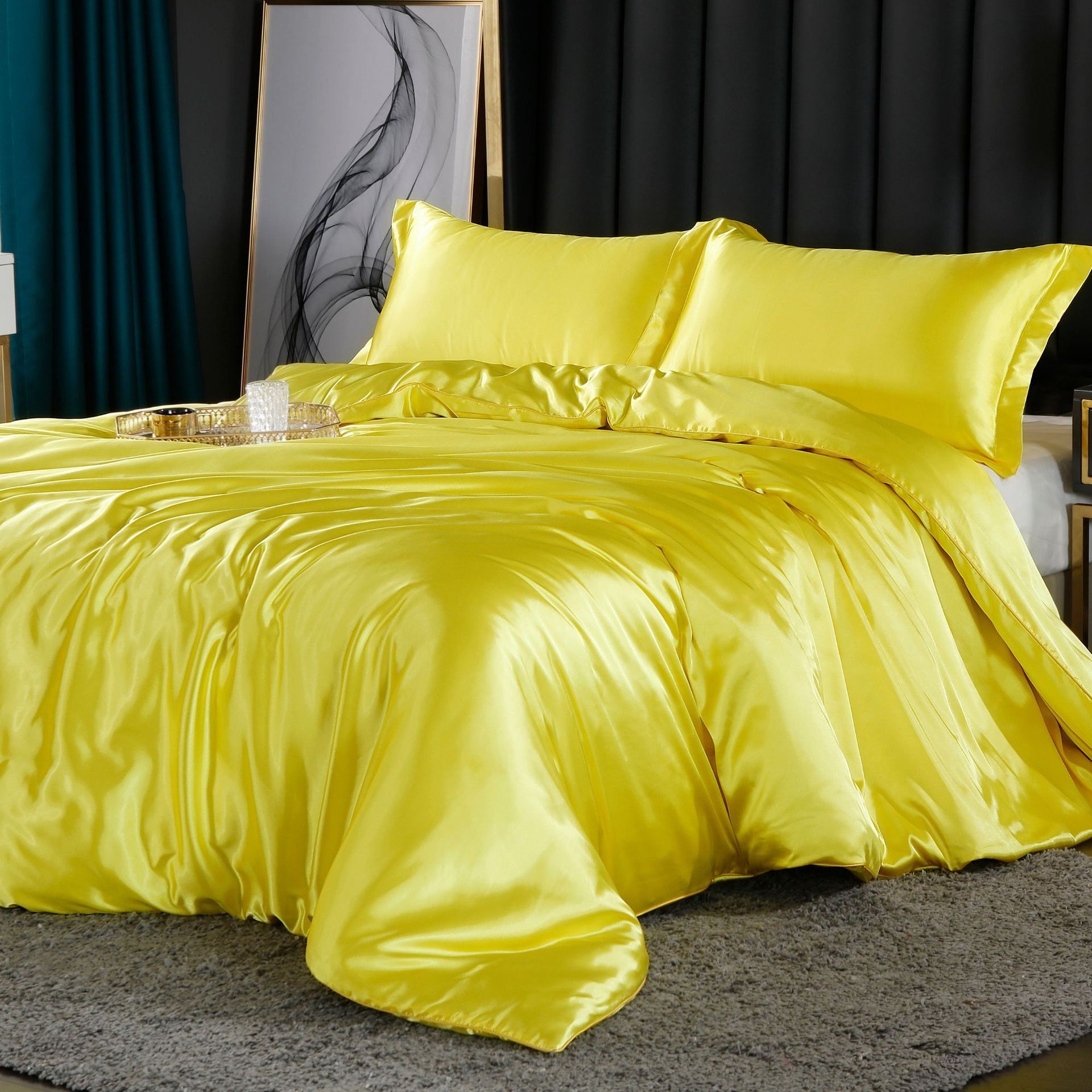 4 stuks superzachte luxe zijden beddengoed set (1 platte lakens + 1 dekbedovertrek + 2 kussenslopen)