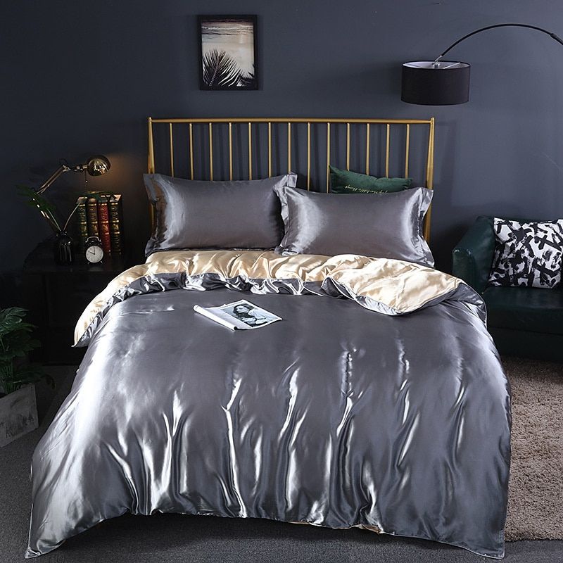 4 stuks superzachte luxe zijden beddengoed set (1 platte lakens + 1 dekbedovertrek + 2 kussenslopen)