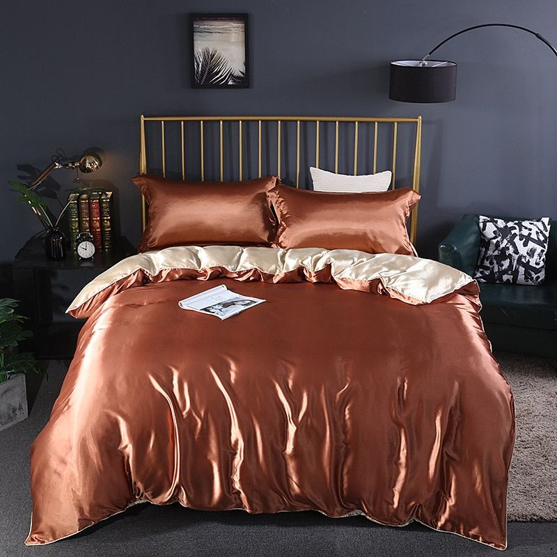 4 stuks superzachte luxe zijden beddengoed set (1 platte lakens + 1 dekbedovertrek + 2 kussenslopen)