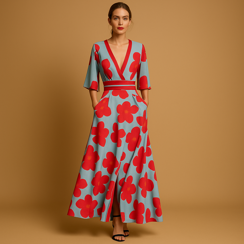 Fleurina Lange Bloemenjurk met V-hals en Zakken – Zomerlijk en Elegant