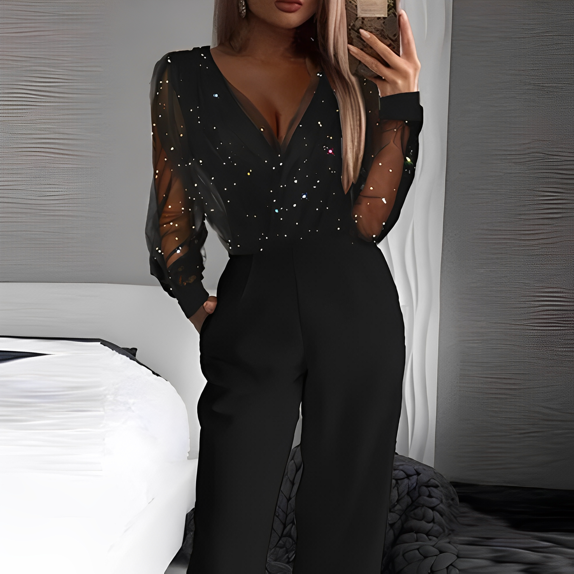 Combinatie met V-hals, Hoge Taille en Brede Benen voor Dames | Ideaal voor Dagelijks Gebruik en Evenementen
