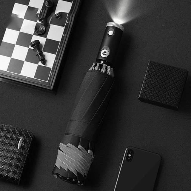 Automatische omgekeerde LED-licht paraplu met reflecterende strip, drievoudig opvouwbaar, omgekeerd, 10 ribben, winddichte paraplu's voor reizen