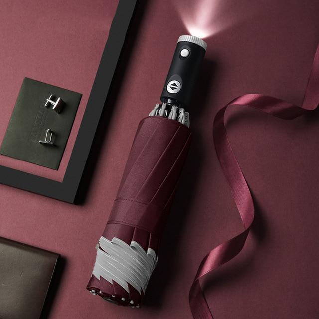 Automatische omgekeerde LED-licht paraplu met reflecterende strip, drievoudig opvouwbaar, omgekeerd, 10 ribben, winddichte paraplu's voor reizen