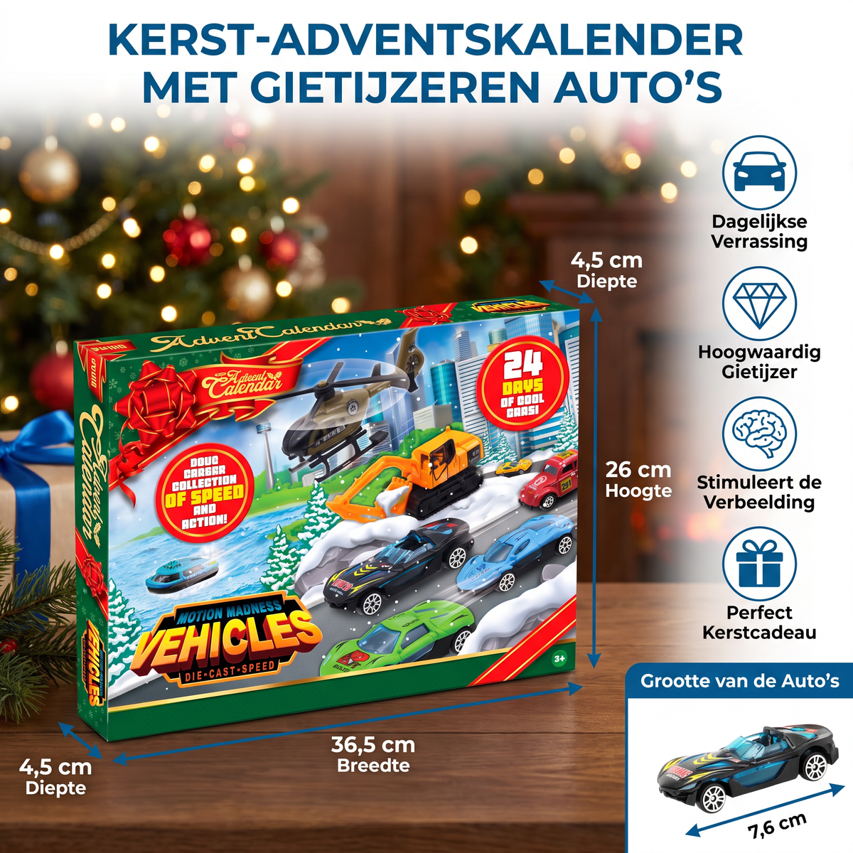 Kerst-adventskalender met gietijzeren auto's voor kinderen
