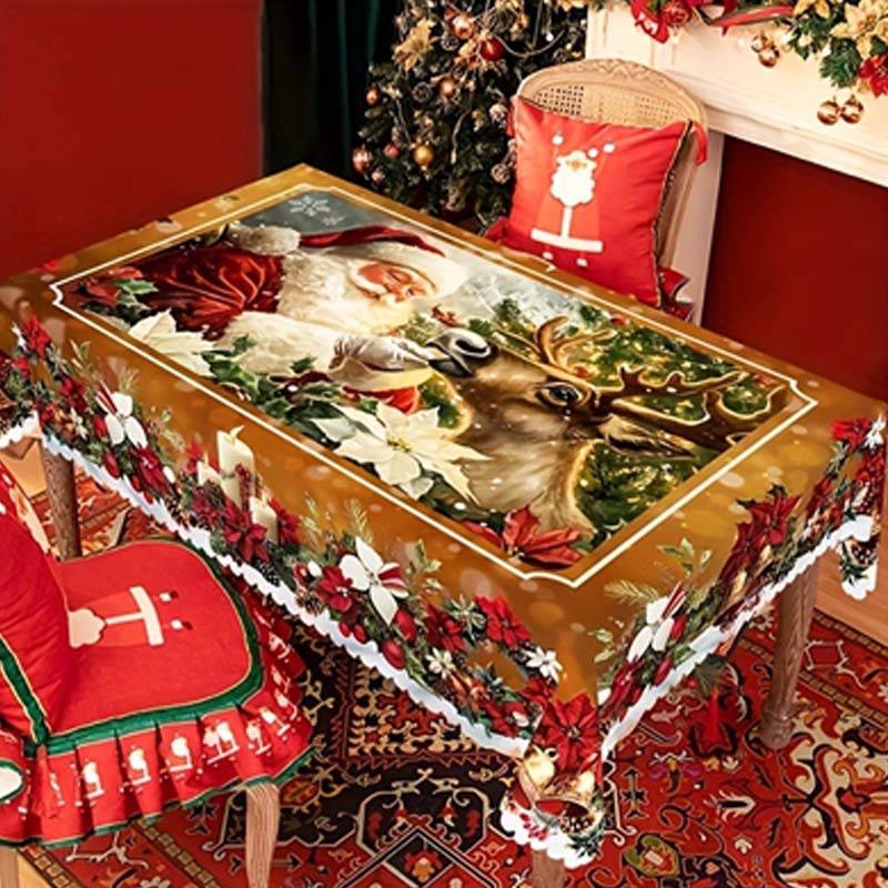 Kersttafelkleed met rendieren en sneeuwmannen – Duurzame polyester tafelkleden model PineGlow