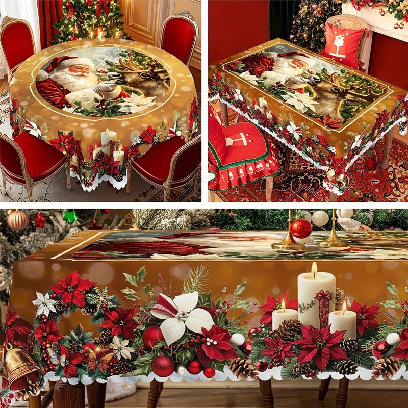 Kersttafelkleed met rendieren en sneeuwmannen – Duurzame polyester tafelkleden model PineGlow