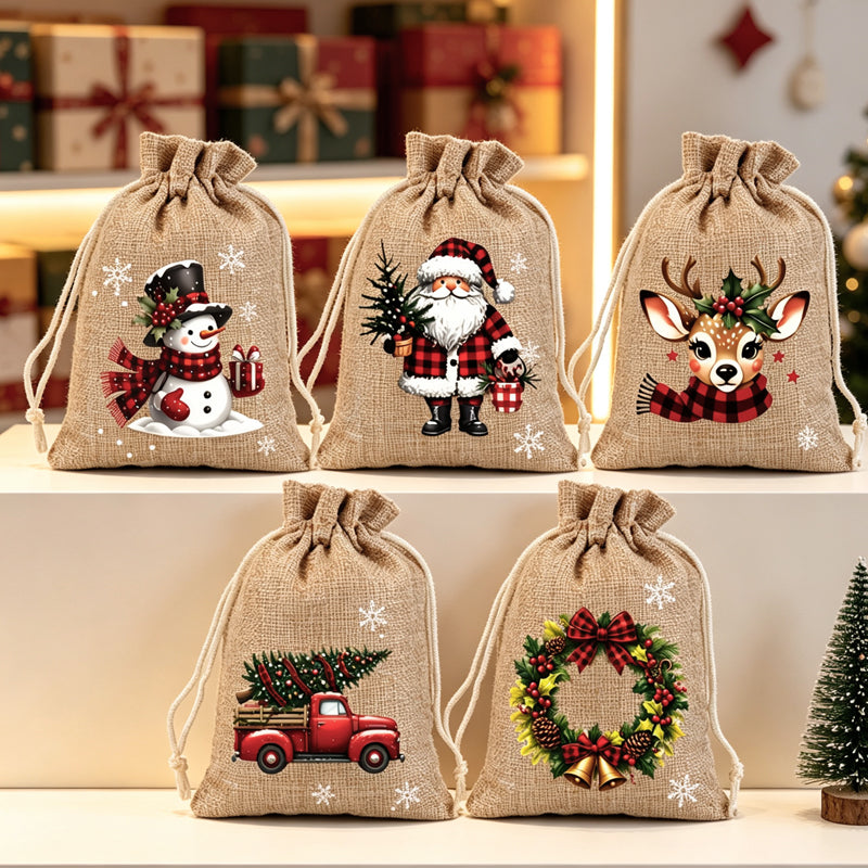 Kerstcadeautasjes met Trekkoord – Kerstman- en Rendiermotieven voor Cadeaus