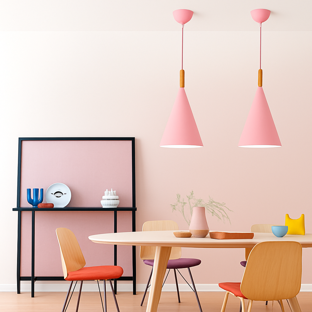Kleurige conische metalen hanglamp met houten staaf Bar