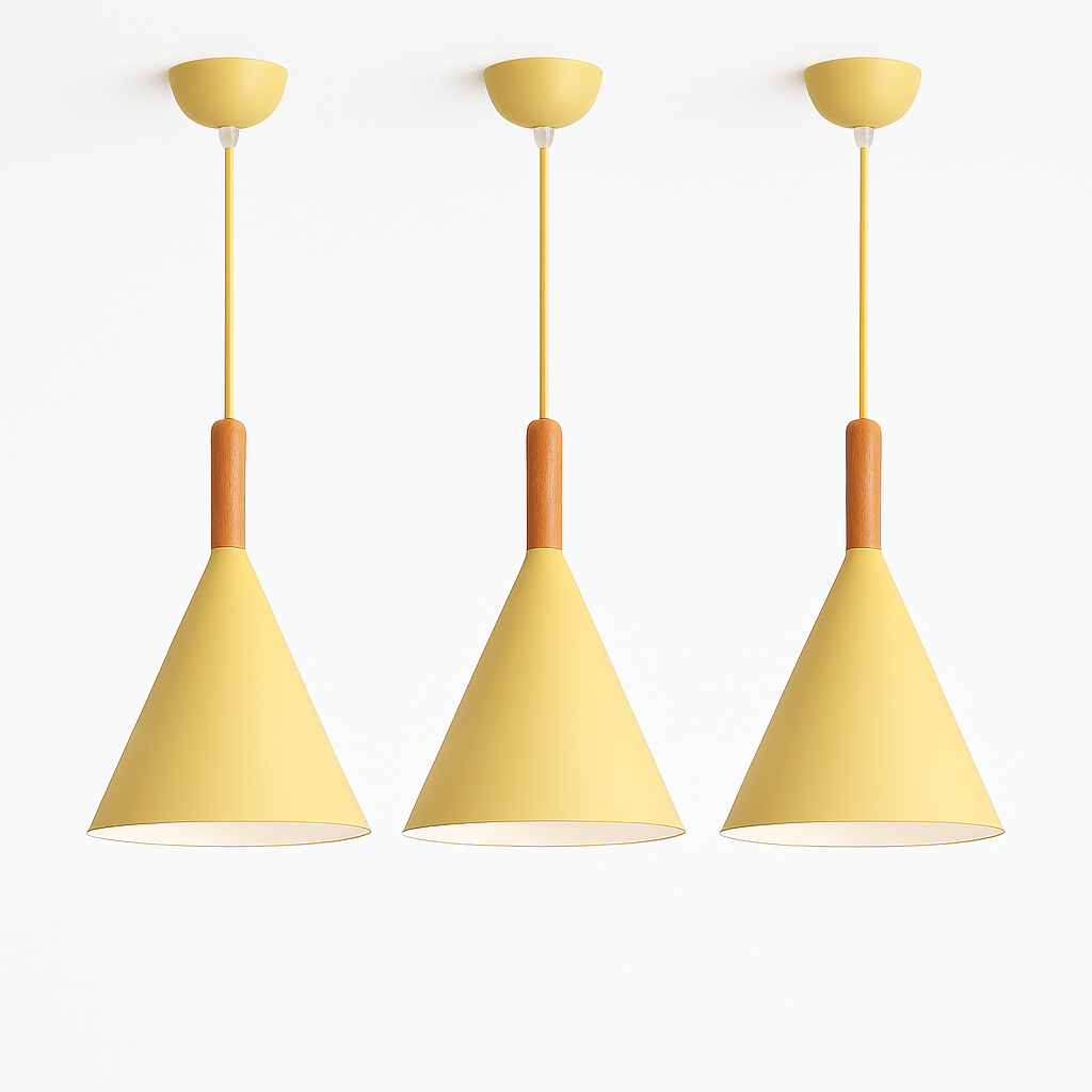 Kleurige conische metalen hanglamp met houten staaf Bar