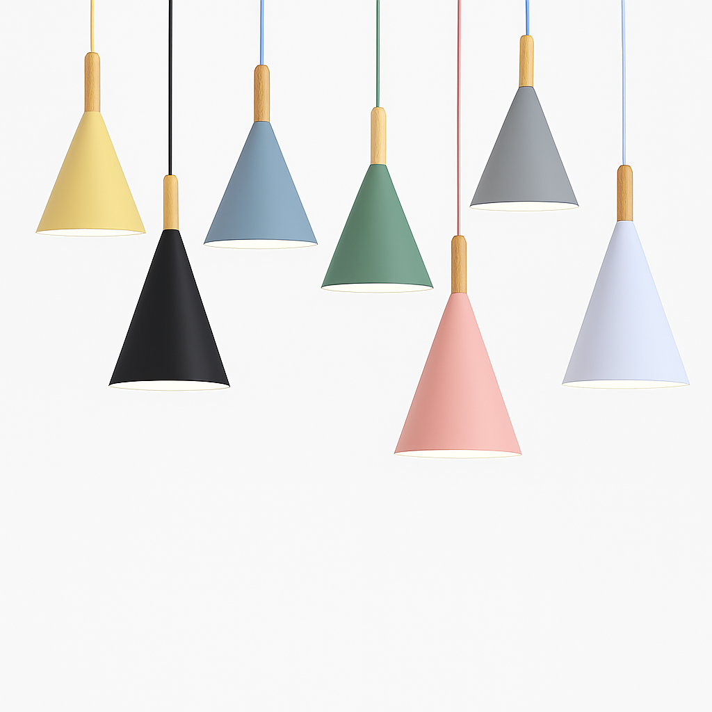 Kleurige conische metalen hanglamp met houten staaf Bar