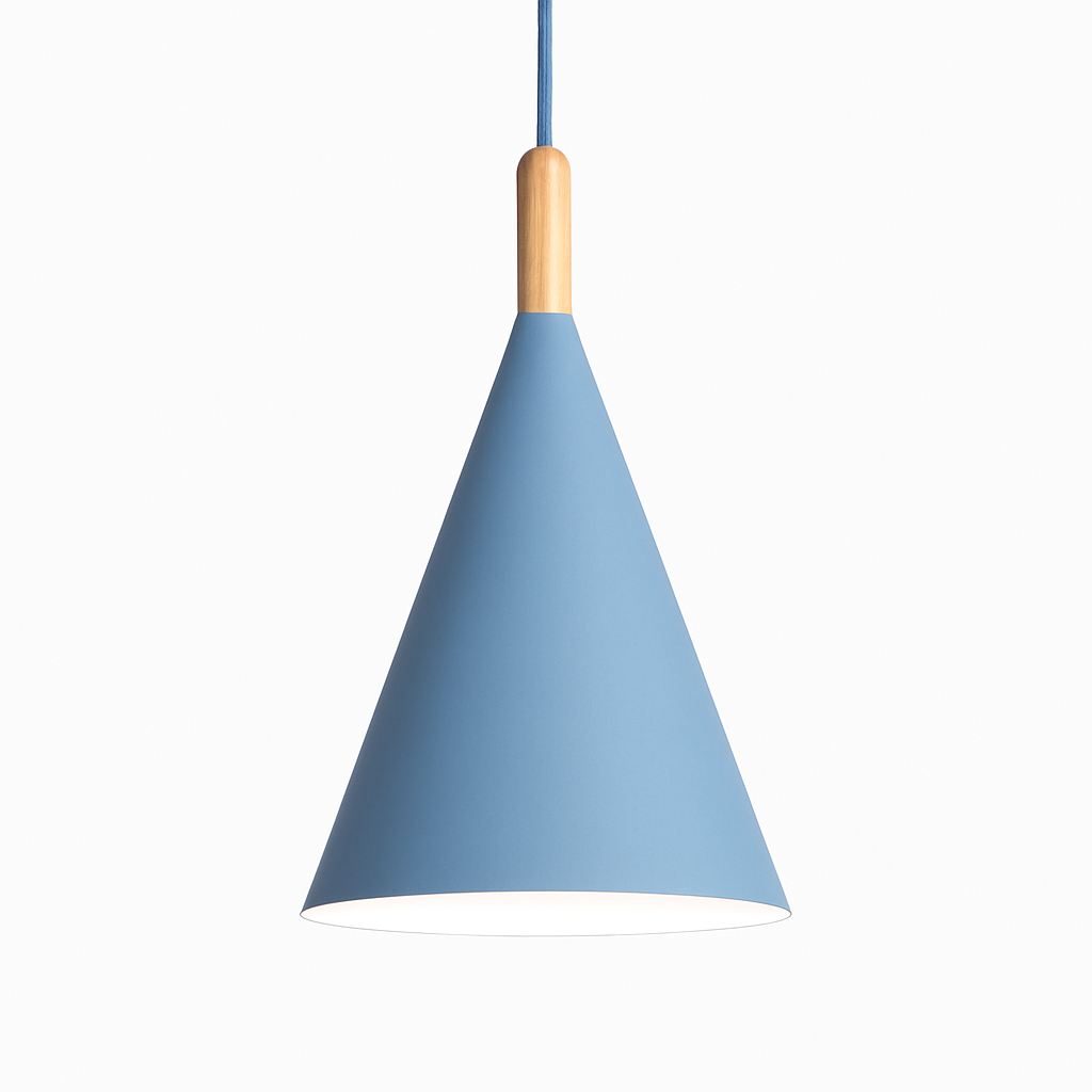 Kleurige conische metalen hanglamp met houten staaf Bar