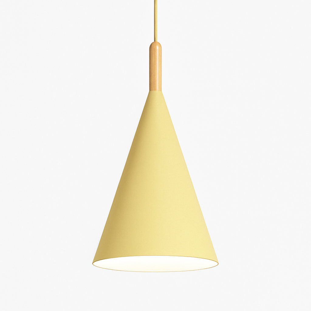 Kleurige conische metalen hanglamp met houten staaf Bar
