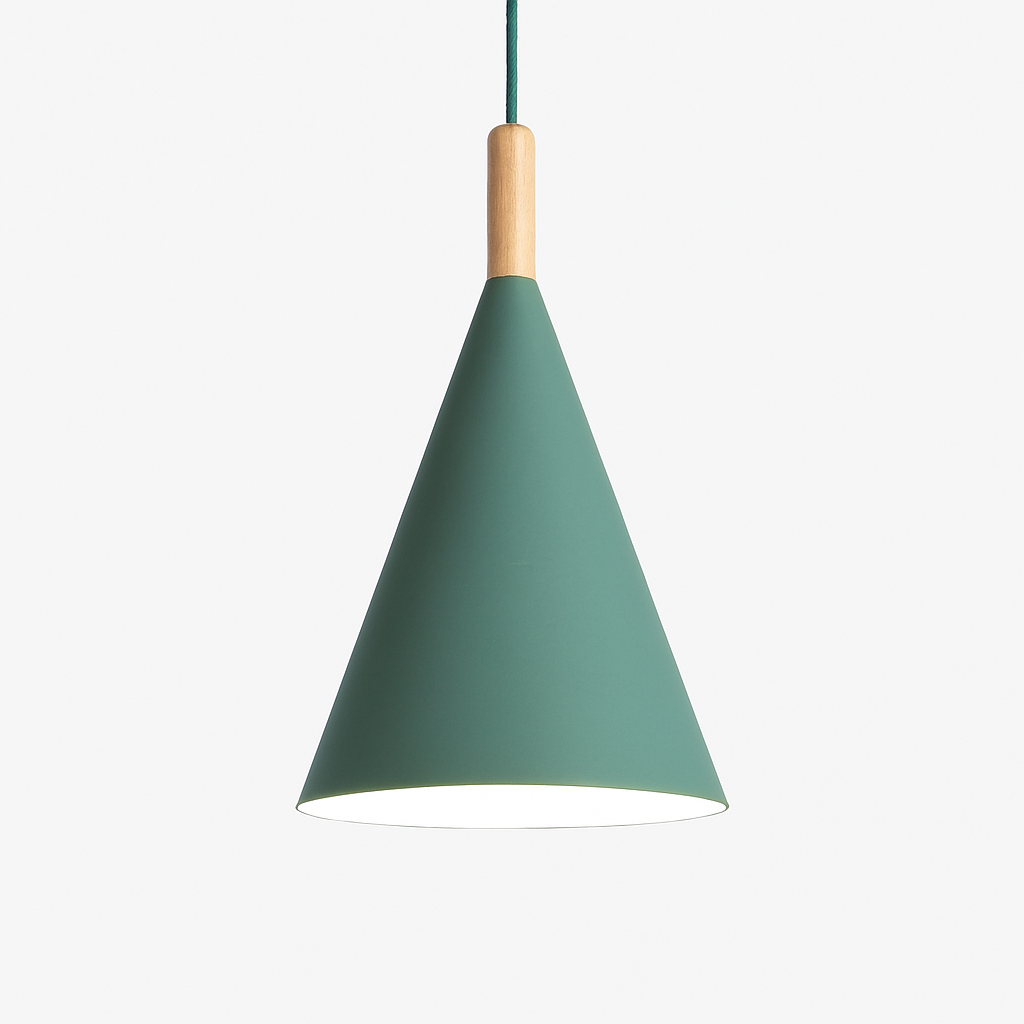 Kleurige conische metalen hanglamp met houten staaf Bar