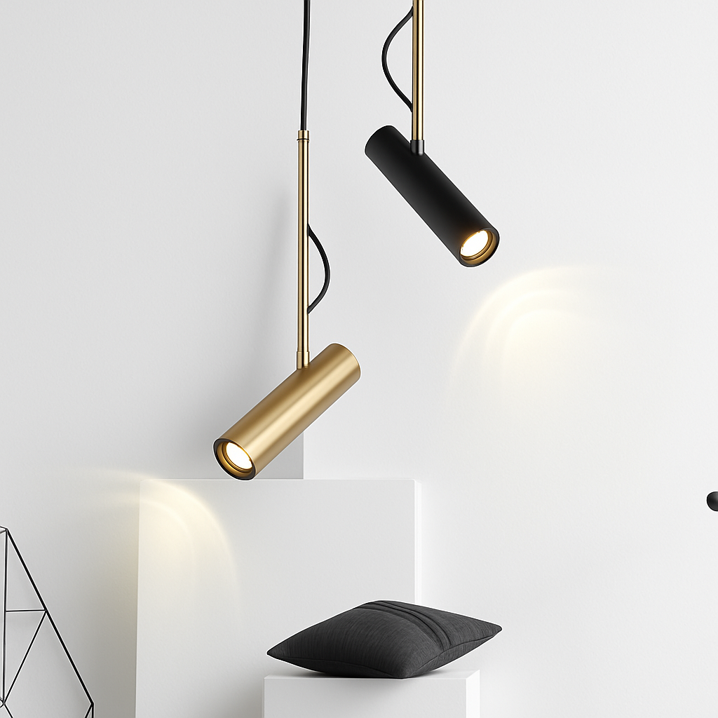 Design-hanglamp met draaibare spot en gouden staaf